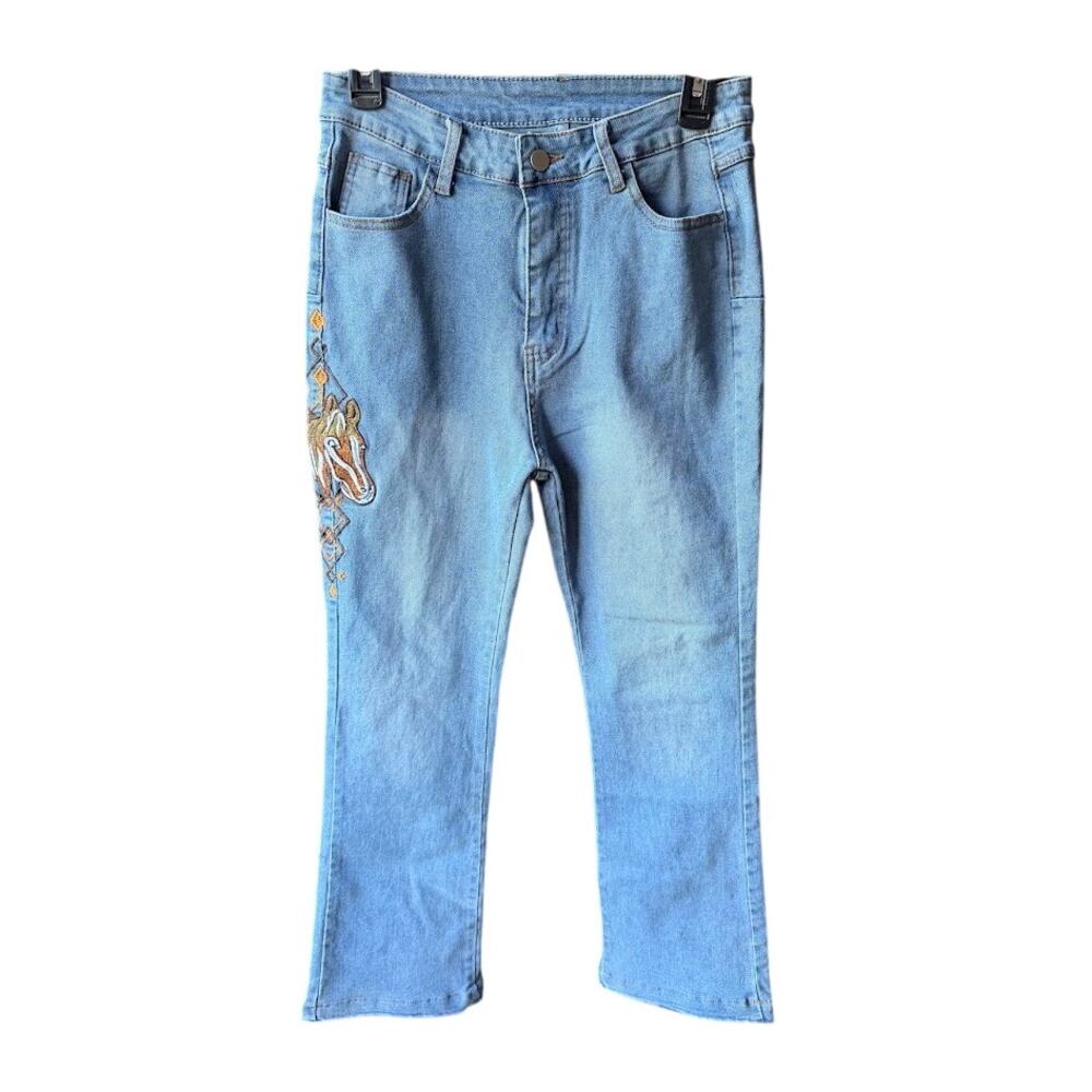 Womens Horse Embroidered High Waist Stretch Jeans Medium Wash M/L Boot Cut